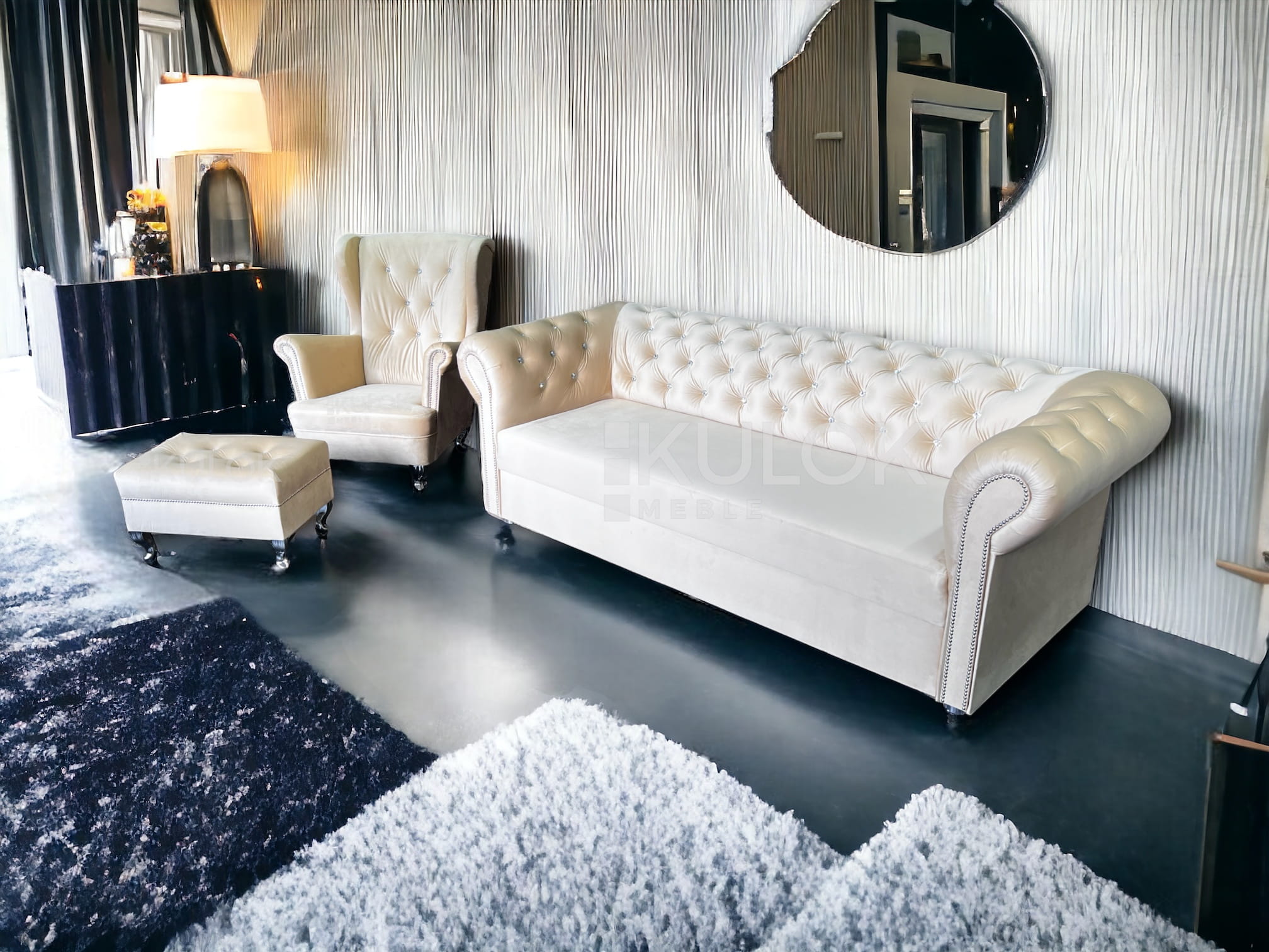Luksusowy zestaw do salonu w kolorze beżu ecru magic velvet chesterfield sofa 3 osobowa fotel uszak i podnóżek z kryształkami